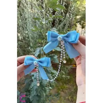 2li İncili Sallantılı Bebek Mavi Fiyonk Pens Toka Seti - Şık Kız Çocuk Kurdeleli Klipsli Saç Tokası