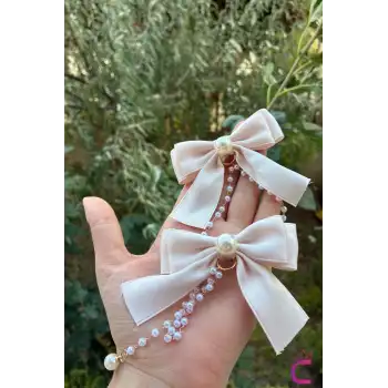 2li İncili Sallantılı Krem Fiyonk Pens Toka Seti - Zarif Kız Çocuk Kurdeleli Klipsli Saç Tokası