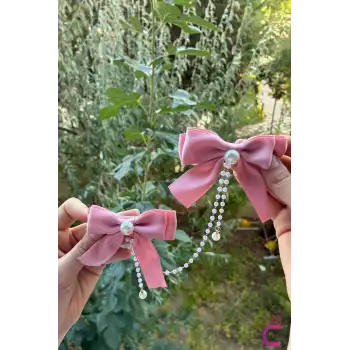 2li İncili Sallantılı Pembe Fiyonk Pens Toka Seti - Zarif Kız Çocuk Kurdeleli Klipsli Saç Tokası