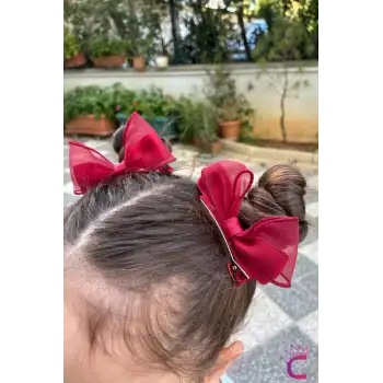 2li Bordo Kırmızı Kurdele Fiyonk Pens Toka Seti 9cm- 23 Nisan 29 Ekim Cumhuriyet Bayramı Saç Tokası