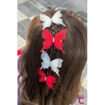 6lı Kırmızı Beyaz Taşlı Hareketli Tül Kelebekli Pens Toka Seti 5cm- 23 Nisan 29 Ekim Bayramı Tokası