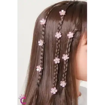 10lu Pembe Çiçekli Taşlı Çıt Çıt Klipsli Örgü Saç Süsü - Genç Kız Çocuk Süsleme Tokası Küpesi Metal