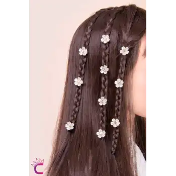 10lu Beyaz Çiçekli Taşlı Çıtçıt Klipsli Örgü Saç Süsü - Genç Kız Çocuk Süsleme Tokası Küpesi Metal