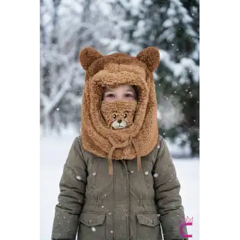 Sevimli Ayıcıklı Yumuşak Peluş Bere Boyunluklu Şapka Atkı Bir Arada Kahve 3-12 Yaş Kışlık Hediyelik