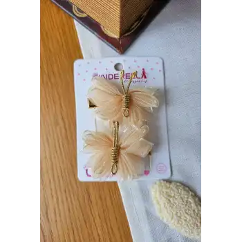 2li Soft Bej Tül Kanatlı Gold Detaylı Kelebek Toka Seti 5cm - Kelebekli Toka Pens Klips Saç Tokası