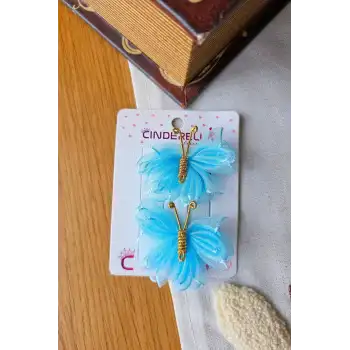 2li Mavi Tül Kanatlı Gold Detaylı Kelebek Toka Seti 5cm - Kelebekli Toka Pens Klips Saç Tokası