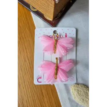 2li Pembe Tüllü Kanatlı Renkli Kelebek Toka Seti 5cm - Kelebekli Toka Pens Klipsli Saç Tokası
