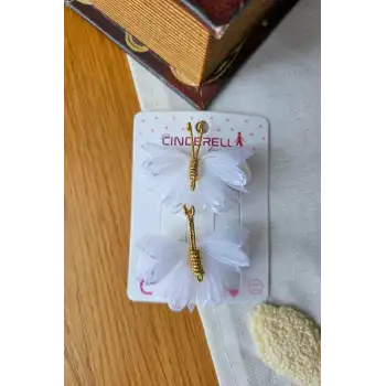 2li Beyaz Tül Kanatlı Gold Detaylı Kelebek Pens Toka - Zarif Şık Sade Kelebekli Bayram Saç Tokası