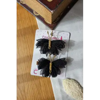 2li Şık Siyah Tül Kanatlı Gold Detaylı Kelebek Toka Seti 5cm - Kelebekli Toka Pens Klips Saç Tokası