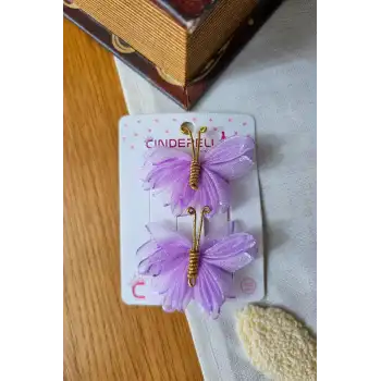 2li Mor Tül Kanatlı Gold Detaylı Kelebek Toka Seti 5cm - Kelebekli Toka Pens Klips Saç Tokası