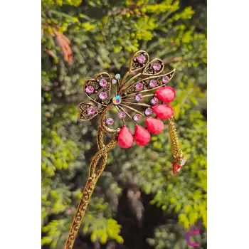 Tavus Kuşu Sallantılı Pembe Taşlı Vintage Japon Saç Topuz Tokası 16cm - Metal Saç Topuz Çubuğu