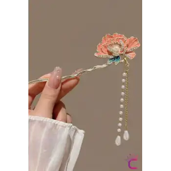 Peony Zirkon Taşlı Pembe Çiçekli Japon Topuz Tokası 16cm - Zarif Sallantılı İncili Metal Çubuk Toka