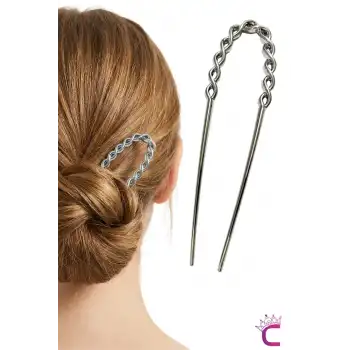 Twist Model French Pin Kadın Gümüş Metal Topuz Tokası 12.5cm - Modern Çubuk Toka Saç Topuz Çubuğu