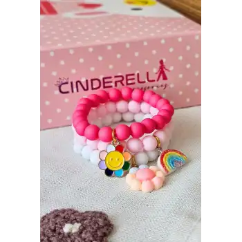 3lü Set Gökkuşağı Renkli Çiçekli Kız Çocuk Bileklik - Hediyelik Doğum Günü Hediyesi Takı Aksesuar