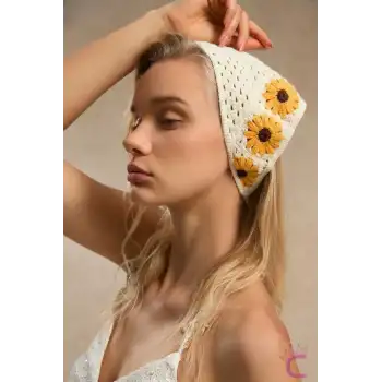 Bohem Cottagecore Ayçiçeği Desenli Örme Üçgen Bandana - Kore Tarzı Yazlık Tatil File Örgü Saç Bandı