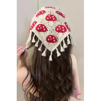 Sevimli Mantar Desenli Örme Üçgen Bandana - Yazlık Plaj Tatil Delikli File Örgü Saç Bandanası