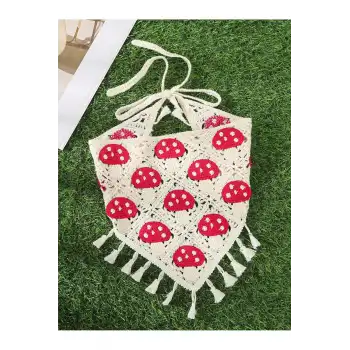 Sevimli Mantar Desenli Örme Üçgen Bandana - Yazlık Plaj Tatil Delikli File Örgü Saç Bandanası