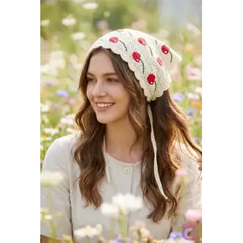 Bohem El Örgüsü Kirazlı Saç Bandanası - Kırsal Tarz Yazlık Tatil File Örme Üçgen Bandana Saç Bandı