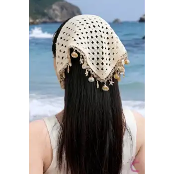 Sallantılı Deniz Kabuğu Yıldızlı Plaj Saç Bandanası - Yazlık Bohem El Örgüsü Örme Üçgen Bandana