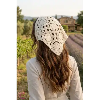 Bohem Güneş Motifli Crochet Saç Bandanası Ekru - El Örgüsü Delikli File Örme Üçgen Bandana Fular