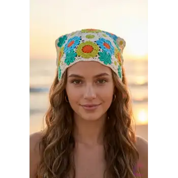 Güneş Papatya Çiçek Motifli Bohem Örgü Üçgen Bandana Renkli - Yazlık Delikli File Örme Saç Bandanası