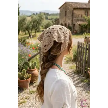 Yazlık Bohem Dairesel Çiçek Motifli Örgü Saç Bandanası Bej - Crochet Delikli File Örme Üçgen Bandana