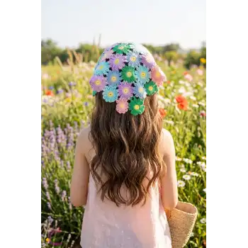 Kadın Genç Kız Çocuk Gökkuşak Renkli Çiçekli Bohem Örgü Saç Bandanası - Yazlık Örme Üçgen Bandana