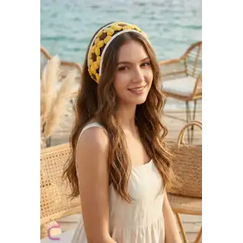 Sıralı Sarı Ayçiçeği Motifli Yazlık Yarım Tarz El Örgüsü Bandana - Dantel İşlemeli Örme Saç Bandı