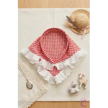 Kırmızı Beyaz Pötikare Fırfırlı Bohem Taçlı Bandana - Çocuk Kadın Saç Bandı Toka Üçgen Saç Bandanası