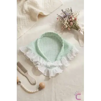 Yeşil Beyaz Pötikare Fırfırlı Bohem Taçlı Bandana - Çocuk Kadın Saç Bandı Toka Üçgen Saç Bandanası