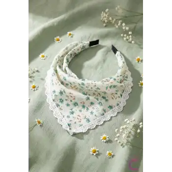Mint Yeşili Çiçekli Beyaz Dantelli Yazlık Bohem Taç Bandana - Üçgen Saç Bandanası Saç Bandı Toka