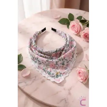Pembe Lila Çiçekli Beyaz Dantelli Yazlık Bohem Taç Bandana - Üçgen Saç Bandanası Saç Bandı Toka