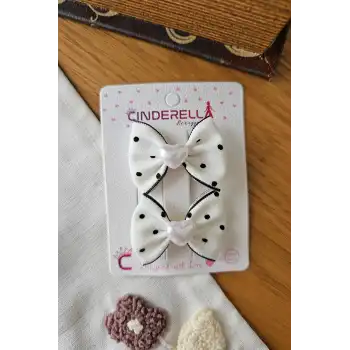 Siyah Puantiyeli Beyaz Kalpli Kurdele Fiyonk Toka Seti 5cm - Kumaş Kaplı Pens Yan Saç Tokası