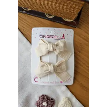 Rustik Keten Dokulu Pastel Bej Kurdele Fiyonk Toka Seti 6cm - Kumaş Kaplı Klips Pens Yan Saç Tokası