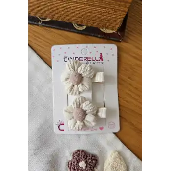 Kız Çocuk Ekru Büzgülü Papatya Çiçek Tasarım Pens Toka Seti 5cm - Astarlı Klipsli Yan Saç Tokası