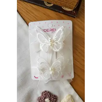 Beyaz Tül Kanatlı Dantelli İncili Kelebek Pens Toka Seti 7cm - Astarlı Klipsli Kelebekli Saç Tokası