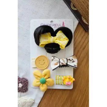 5li Özel 3D Fiyonk Postişli Sarı Pötikare Mini Taçlı Gülen Yüz Papatya Az Saçlı Saçsız Bebek Tokası