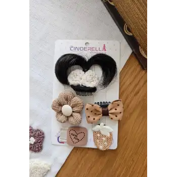 5li Özel 3D Örgü Postişli Kahve Bohem Saçsız Bebek Toka Seti- Puantiyeli Fiyonk Çilekli Çıtçıt Toka