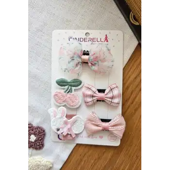 5li Özel Seri Soft Pembe Tül Fiyonk Sevimli Tavşanlı Kirazlı Az Saçlı Yenidoğan Saçsız Bebek Tokası