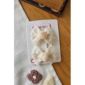 Özel Tasarım Gül Motifli Nakışlı Çocuk Krem Fiyonk Toka 6cm - Astarlı Klipsli Yan Pens Saç Tokası