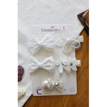 Zarafet Serisi 5li Kız Bebek Astarlı Pens Toka Seti - İncili Dantelli Çiçek Tül Fiyonk Saç Tokası