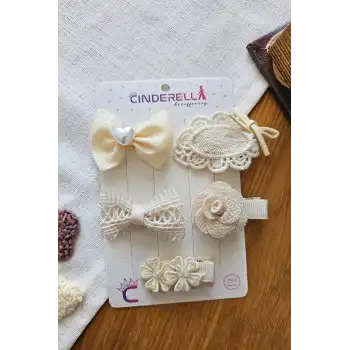 Zarafet Serisi 5li Bayram Özel 5li Kız Bebek Çocuk Ekru Krem Dantelli Gül Fiyonk Astarlı Toka Seti