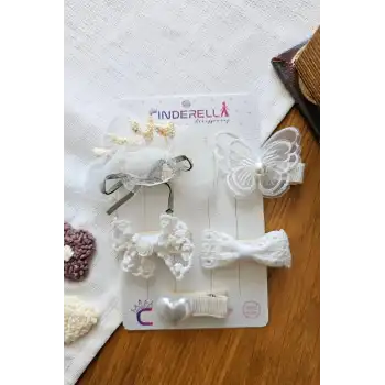 Zarafet Serisi 5li Hasır Başak Çiçekli Kalpli İnci Tül Fiyonk Astarlı Klipsli Pens Toka Seti
