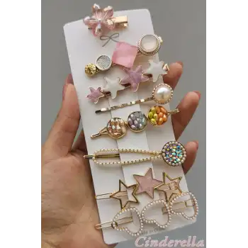 8li Kadın İncili Taşlı Yıldızlı Kalpli Çiçekli Özel Toka Seti - Pens Çıtçıt Klips Yan Saç Tokası