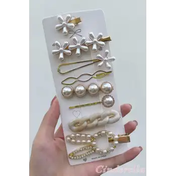 8li Özel İncili Taşlı Kurdele Tavşan Çiçek Detaylı Toka Seti - Yeni Trend Pens Çıtçıt Yan Saç Tokası