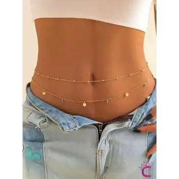 Avrupa Tarzı Modern 2li Kombin Gold Boncuk Taşlı Bel Zinciri - Vücut Bikini Kolyesi Göbek Takısı
