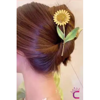 Ayçiçeği Tasarım Büyük Boy Gold Metal Kadın Mandal Toka 11.5cm - Zarif Hediyelik Aksesuar Saç Tokası