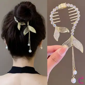 Balık Kuyruğu Tasarım Kristal Taşlı Yaylı Topuz Tokası Metal Gold - Kadın Sallantılı Saç Topuz Toka