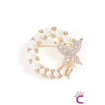 Barok İncili Kristal Taşlı Kelebek Tasarım Kadın Broş - Kelebekli Hediyelik Elbise Yaka İğnesi Broş