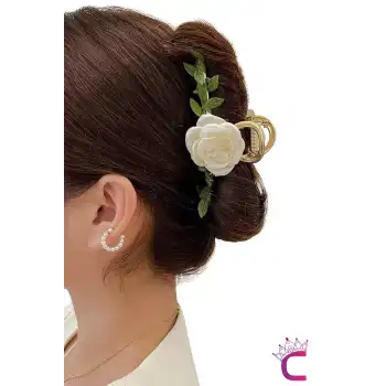 Beyaz Kamelya Çiçekli Sarmaşık Yapraklı Kadın Metal Mandal Toka Gold 11.5cm - Hediyelik Saç Tokası